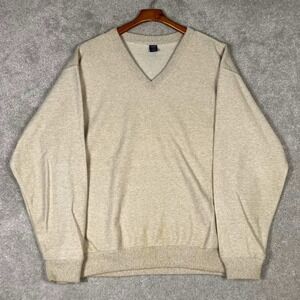 Vintage Lands End Mens V-Neck Sweater Large Beige 100% Cotton Made in USA 42-44
